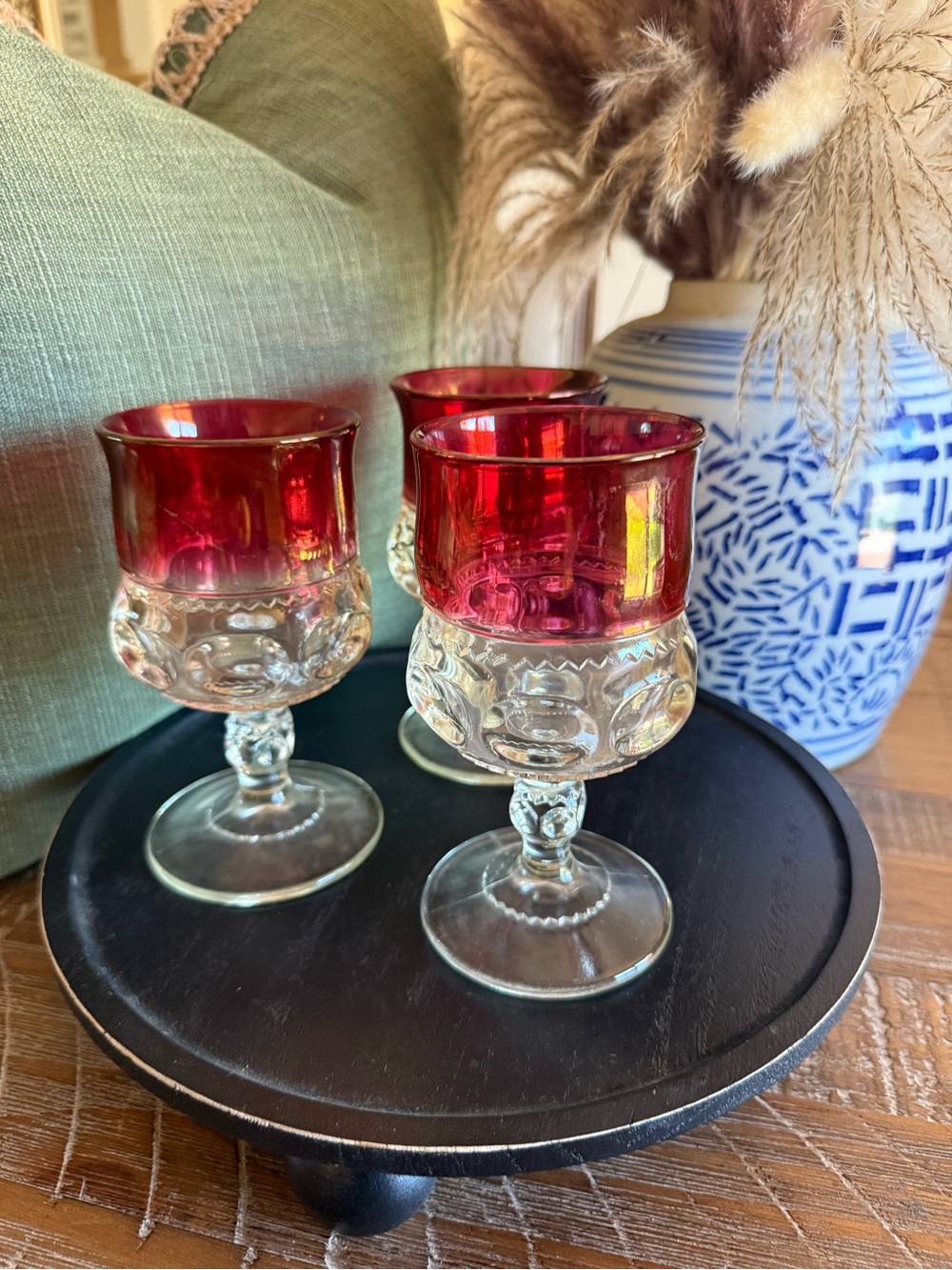 Set of 3 Kings Crown glasses. Cranberry with gold hues.